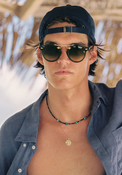 STL II | Bottle Green + Zulu 24K Handcrafted, luxury, green Acetate KREWE Michael Phelps Sunglasses mens model campaign | Model: Drew