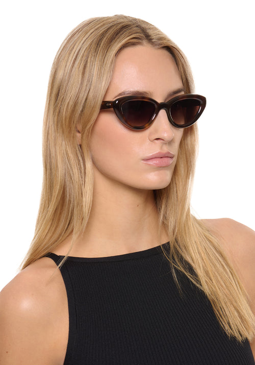 SASHA | Maple Handcrafted, luxury dark brown tortoise acetate bubble cat-eye KREWE sunglasses womens model | Model: Isabelle