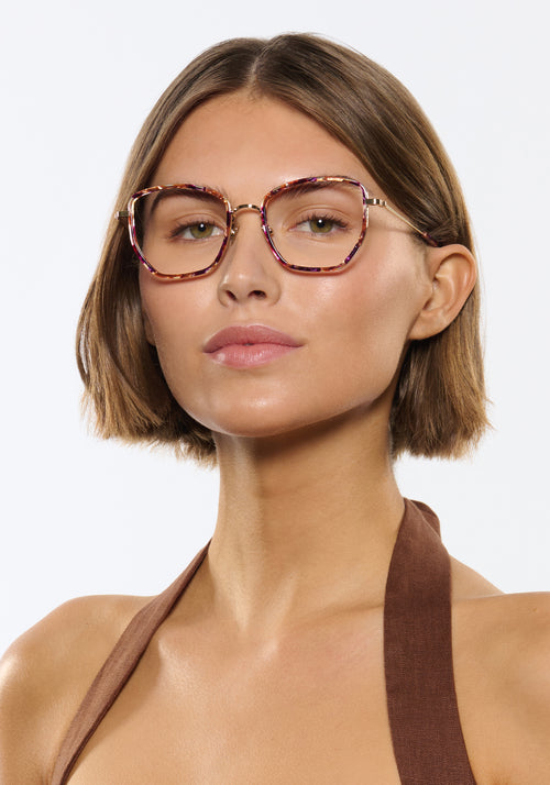 SKYLAR | 12K Titanium + Stardust Handcrafted multicolored tortoise acetate geometric round KREWE eyeglasses womens model | Model: Michelle