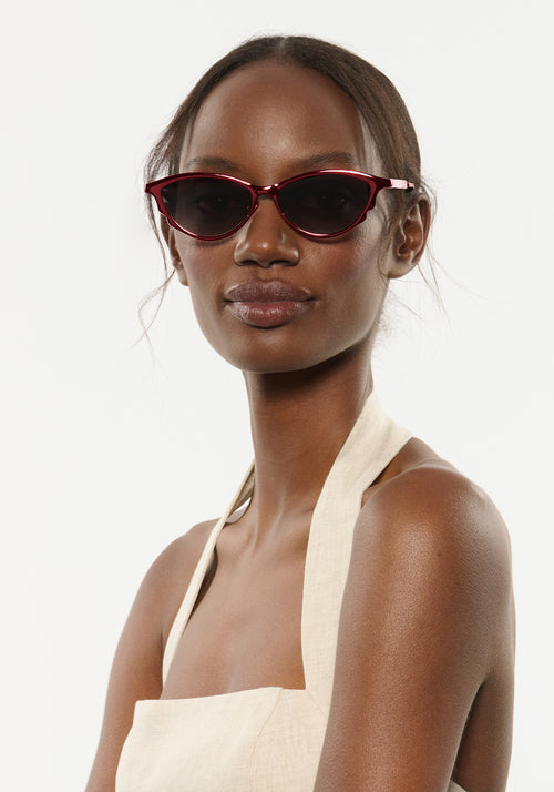 SOLANGE | Scarlet Chroma + Bordeaux Handcrafted, luxury dark red chroma stainless steel large cat eye KREWE sunglasses womens model | Model: Brenda