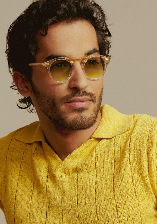 KREWE SUNGLASSES - ST. LOUIS MIRRORED | Crystal 24K + Custom Vanity Tint handcrafted, luxury round clear sunglasses with a double metal bridge and green tinted lenses mens model | Model: Mo