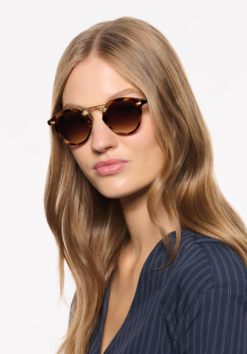 ST. LOUIS | Venezia 12K Handcrafted, luxury brown tortoise acetate geometric KREWE sunglasses womens model | Model: Isa
