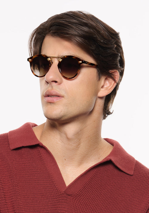 ST. LOUIS | Venezia 12K Handcrafted, luxury brown tortoise acetate geometric KREWE sunglasses mens model | Model: Brent
