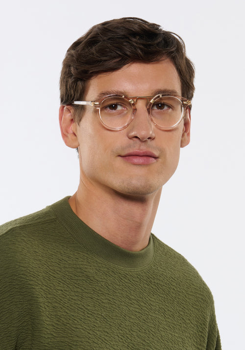 KREWE - ST. LOUIS OPTICAL | Buff Handcrafted, Luxury Pink Acetate Eyeglasses mens model | Model: Jegor