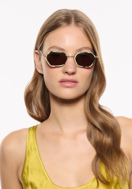 SUKIE | 18K + Bone Handcrafted, luxury white and grey acetate and stainless steel small geometric KREWE sunglasses womens model | Model: Isa