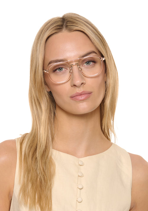 SUTTON | Buff 12K handcrafted, luxury clear acetate aviator KREWE eyeglasses womens model | Model: Isabelle
