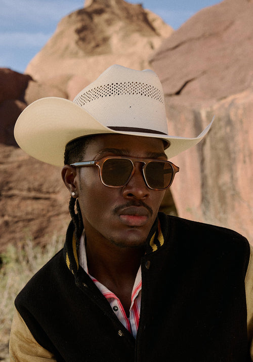 ZANDER | Havana Handcrafted, luxury dark brown tortoise acetate large rectangular aviator KREWE sunglasses mens model | Model: Anarcius