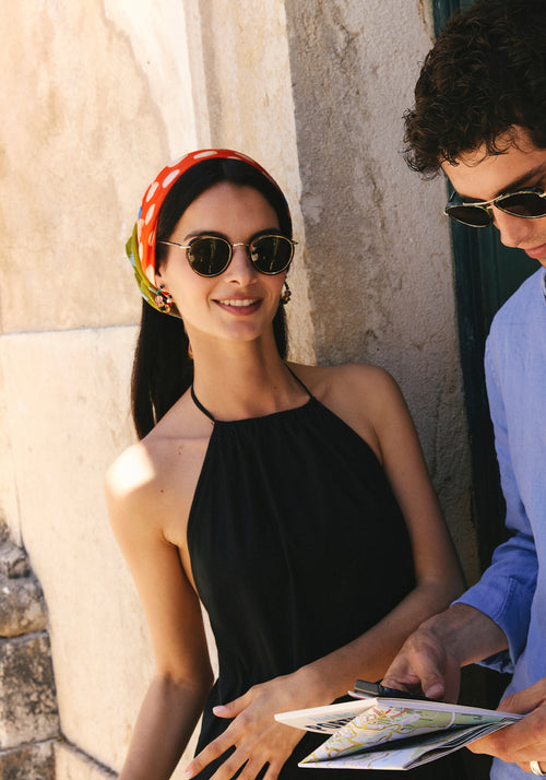 TATE | Havana 12K Polarized Handcrafted, luxury brown tortoise acetate and stainless steel small round KREWE sunglasses womens model | Model: Patricia