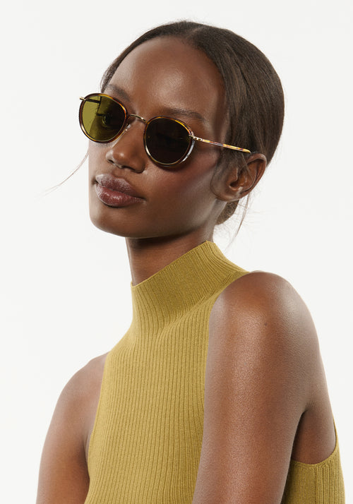 TATE | Havana 12K Polarized Handcrafted, luxury brown tortoise acetate and stainless steel small round KREWE sunglasses womens model | Model: Brenda