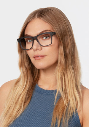 THEO | Matte Denim Handcrafted, luxury navy blue acetate oversized rectangular KREWE eyeglasses womens model | Model: Maritza