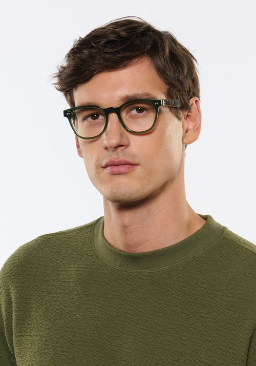 KREWE - TUCKER | Bottle Green + Zulu Handcrafted, luxury green acetate glasses mens model | Model: Jegor