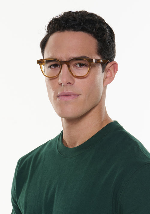 Tucker | Umber Handcrafted brown acetate square KREWE eyeglasses mens model | Model: Conrado