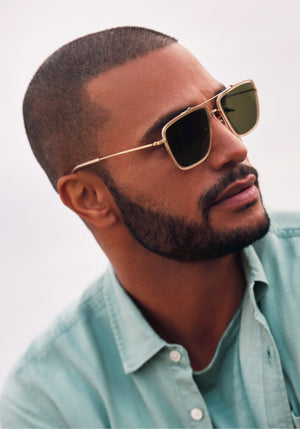 VAIL | 18K Titanium + Haze Polarized Handcrafted, luxury acetate and gold plated stainless steel square oversized aviator polarized KREWE sunglasses mens model campaign | Model: Nathan