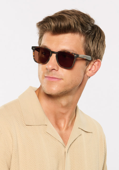 KREWE VINDEL | Matte Hickory Polarized Handcrafted, luxury designer brown acetate classic sunglasses mens model | Model: Ben