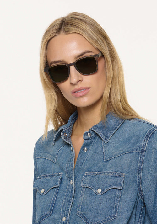 VINDEL | Matte Kombu Handcrafted, brown tortoise acetate square KREWE sunglasses womens model | Model: Isabelle