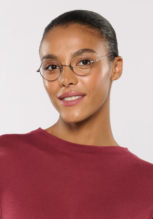 VIRGIL | Matte Raw Titanium Handcrafted, luxury matte raw titanium metal round KREWE eyeglasses womens model | Model: Sasha