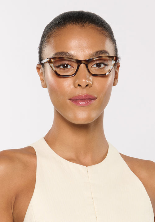 VIVIENE | Aquamarine Tortoise Handcrafted, luxury blue and brown tortoise acetate rectangular cat-eye KREWE eyeglasses womens model | Model: Sasha