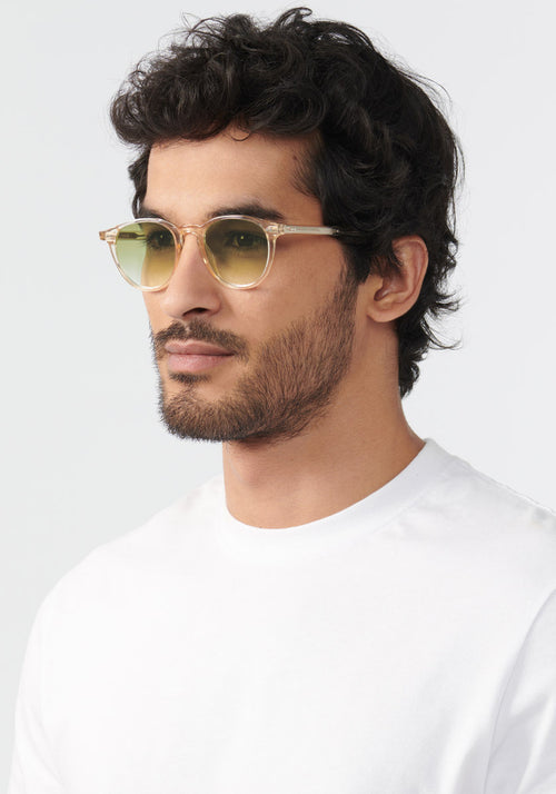 KREWE SUNGLASSEES - LANDRY | Haze + Custom Vanity Tint handcrafted, luxury yellow sunglasses with custom green gradient tinted lenses mens model | Model: Mo