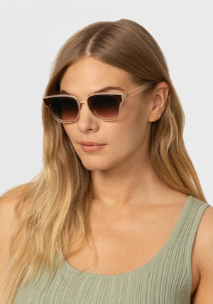 WEBSTER NYLON | Blonde Handcrafted, luxury tan acetate square nylon lens KREWE sunglasses womens model | Model: Maritza