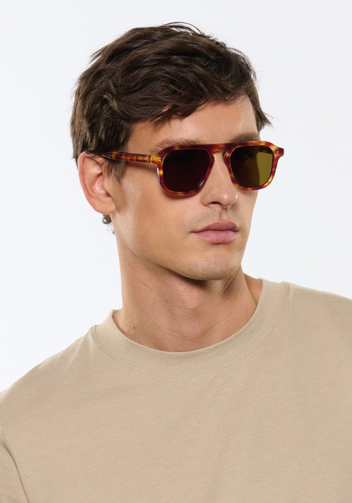 ZANDER | Hawksbill Handcrafted, luxury brown and tan tortoise acetate large rectangular aviator KREWE sunglasses mens model | Model: Jegor