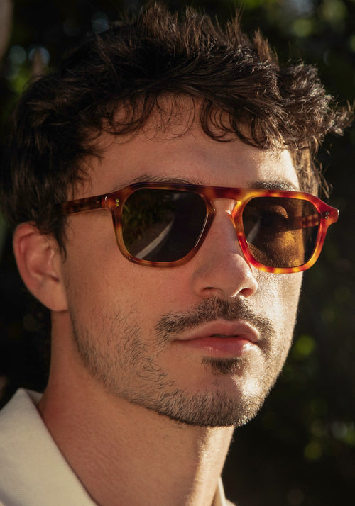 ZANDER | Hawksbill Handcrafted, luxury brown and tan tortoise acetate large rectangular aviator KREWE sunglasses mens model campaign | Model: Jacob