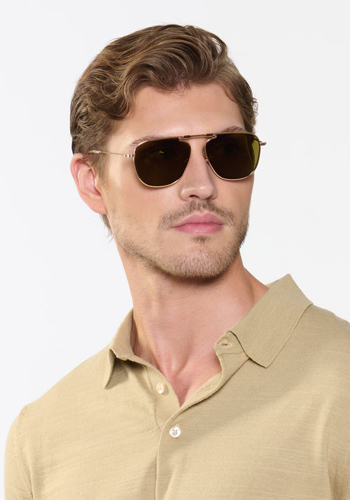 ZANDER FOLD | 18K + Crystal Polarized Handcrafted, luxury stainless steel large folding square aviator KREWE sunglasses mens model | Model: Linus