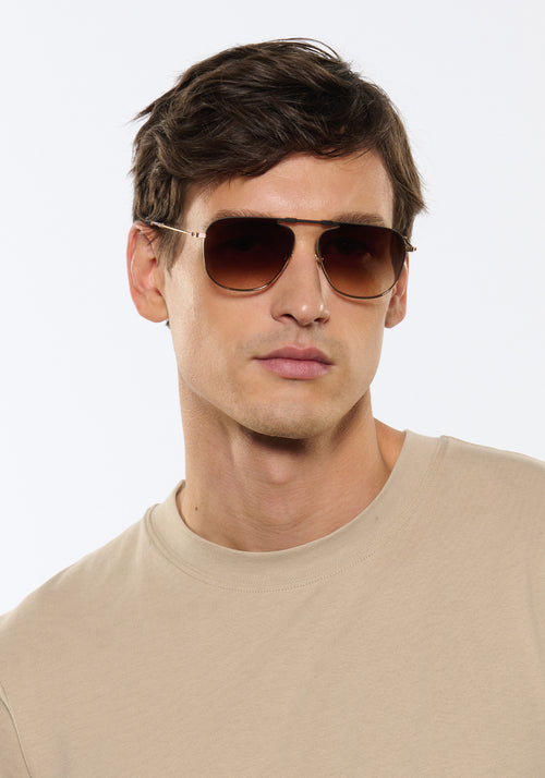 ZANDER FOLD | 18K Matte Black Fade + Blonde Venezia Handcrafted, luxury stainless steel large folding square aviator KREWE sunglasses mens model | Model: Jegor