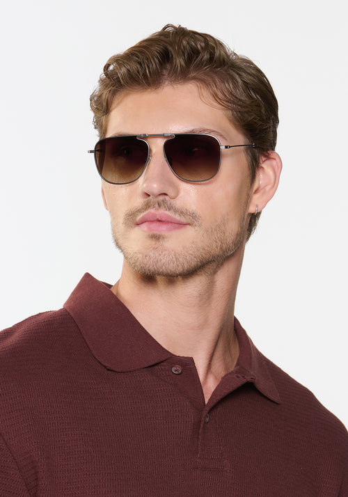 ZANDER FOLD | Matte Raw Stainless Steel + Nightfall Handcrafted, luxury stainless steel large folding square aviator KREWE sunglasses mens model | Model: Linus