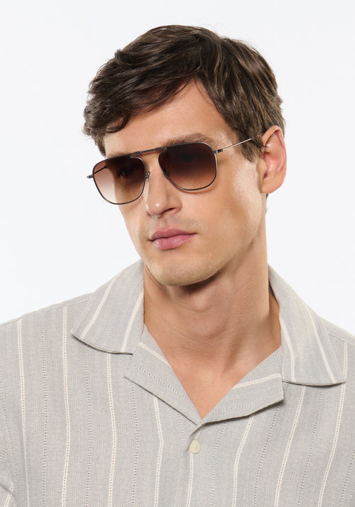 ZANDER FOLD | Matte Raw Stainless Steel + Nightfall Handcrafted, luxury stainless steel large folding square aviator KREWE sunglasses mens model | Model: Jegor