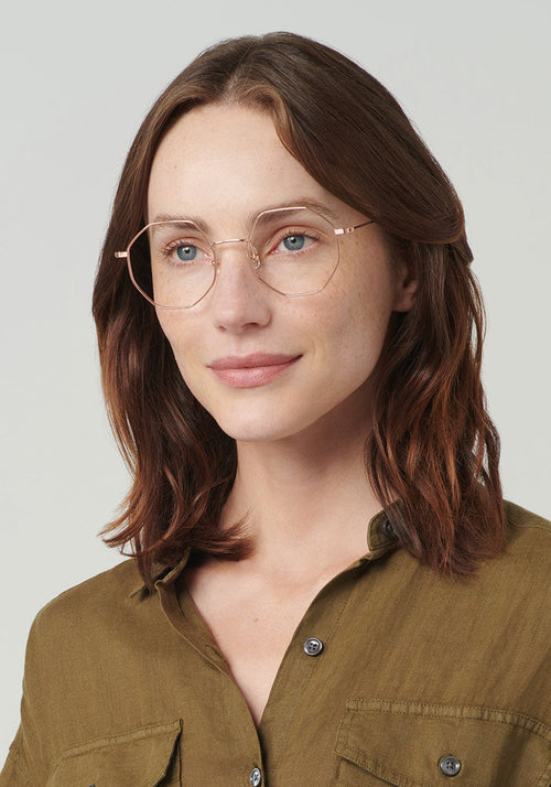 KREWE BABS | Rose Gold + Matte Oyster Handcrafted, Rose Gold Metal Luxury Glasses womens model | Model: Vanessa