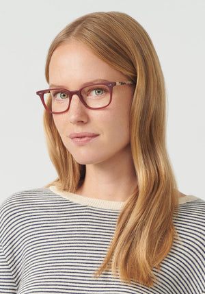 MONTE | Brandy + Matte Oyster 12K Handcrafted, Luxury Red Acetate KREWE Eyeglasses womens model | Model: Annelot