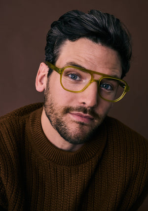 CHARLIE | Chartreuse Handcrafted, luxury yellow green acetate oversized aviator KREWE eyeglasses mens model campaign | Model: Jeff