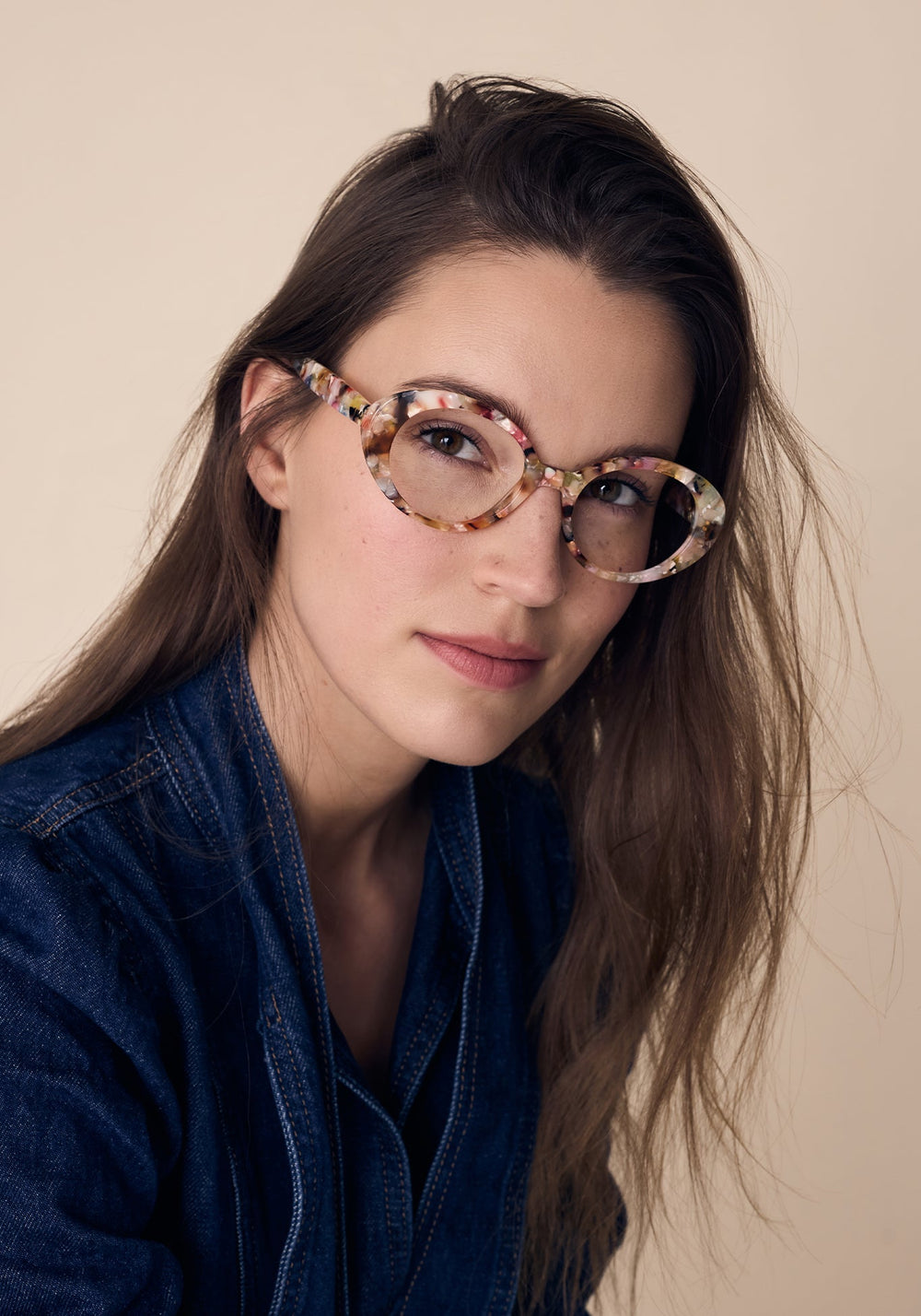 LAUREL | Gelato Handcrafted, luxury multicolored acetate round oval KREWE eyeglasses womens model campaign | Model: Eliza