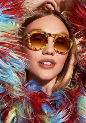 CAMERON | Revelry Vanity Handcrafted, luxury multicolored round Mardi Gras acetate KREWE sunglasses womens model campaign | Model: Juliette