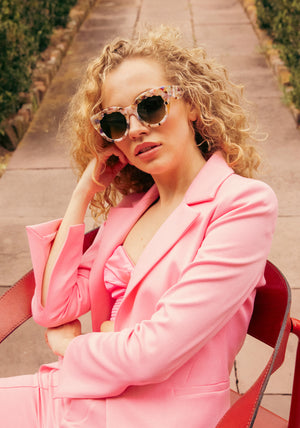 CHARLOTTE | Glace Handcrafted, luxury pastel multicolored acetate oversized scalloped cat-eye KREWE sunglasses womens model campaign | Model: Tanya