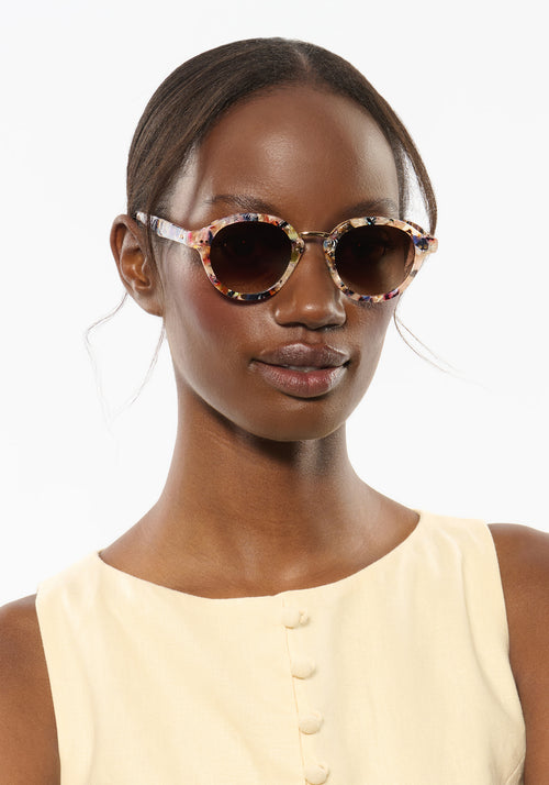 ASHTON | Amalfi 18K Handcrafted, luxury multicolor tortoise acetate round KREWE sunglasses with stainless steel hardware womens model | Model: Brenda