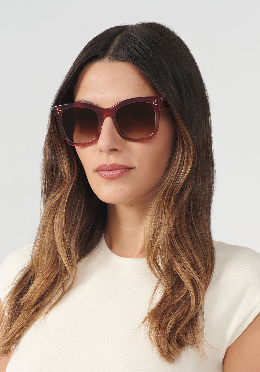 KREWE - ADELE | Hibiscus handcrafted, luxury pink oversized square sunglasses womens model | Model: Olga