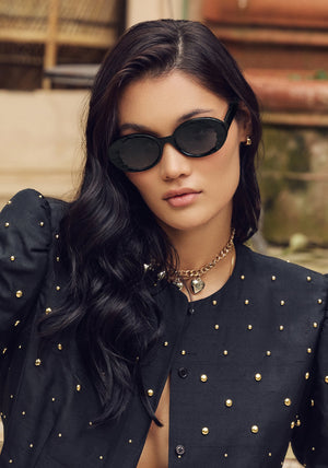 ALIXE | Black + Black and Crystal, tortoise acetate KREWE sunglasses womens model campaign | Model: Dunya