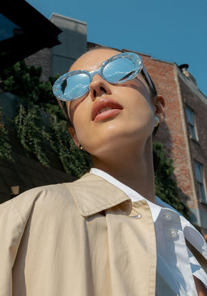 ALIXE | Opaline Mirrored Handcrafted, luxury blue and clear acetate KREWE sunglasses womens model campaign | Model: Ainhoa