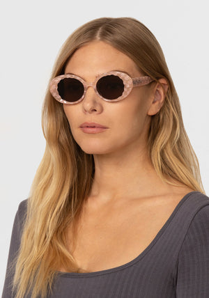 ALIXE | Plaid Handcrafted, luxury pink and white acetate KREWE sunglasses womens model | Model: Maritza