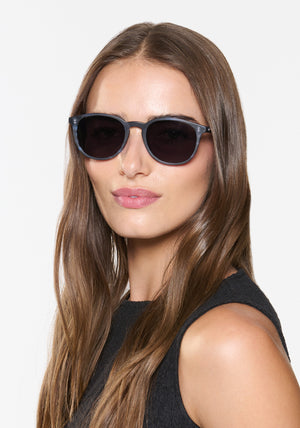 ALVIN | Matte Wake Handcrafted, dark blue tortoise acetate large round wayfarer KREWE sunglasses womens model | Model: Sam