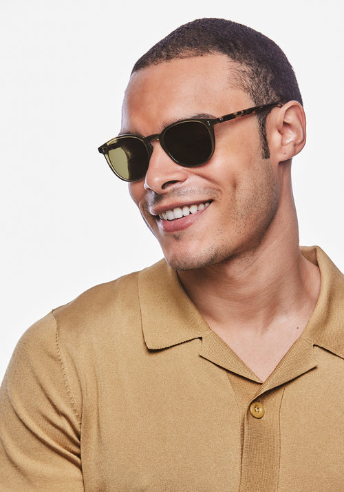 ALVIN | Olive + Iberia Polarized Handcrafted, luxury green and tortoise acetate large round wayfarer polarized KREWE sunglasses mens model | Model: Jeffrey
