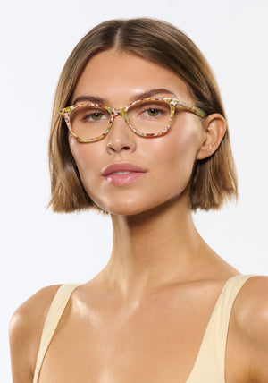 AMELIA | Frappe Handcrafted, luxury green patterned acetate cat-eye KREWE eyeglasses womens model | Model: Michelle