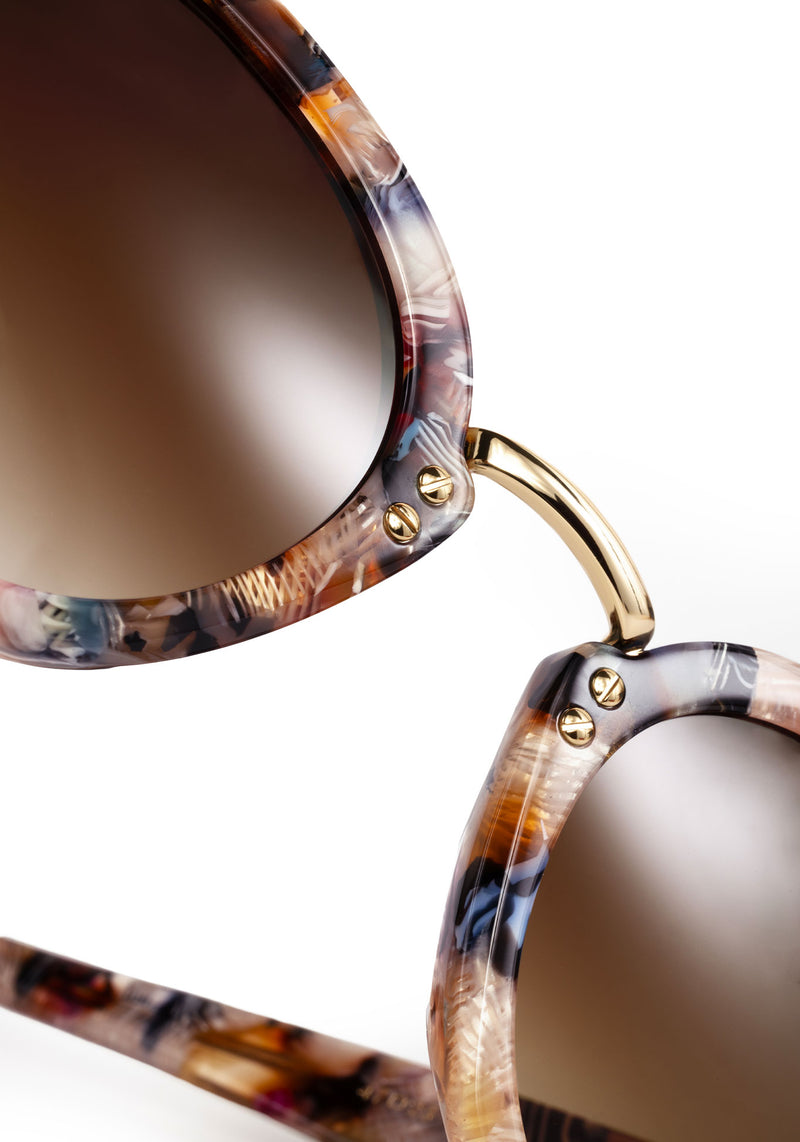 ASHTON | Amalfi 18K Handcrafted, luxury multicolor tortoise acetate round KREWE sunglasses with stainless steel hardware womens detail