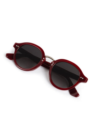 ASHTON | Brandy Silver Handcrafted, luxury burgundy acetate round KREWE sunglasses with silver stainless steel hardware