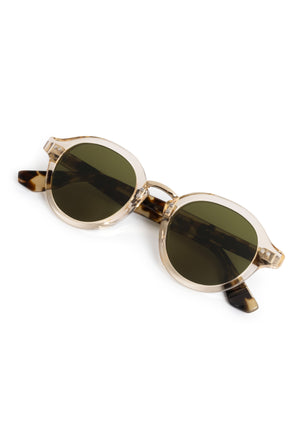 ASHTON | Haze + Iberia 12K Polarized Handcrafted polarized, luxury champagne pearlescent acetate round KREWE sunglasses with gold stainless steel metal hardware