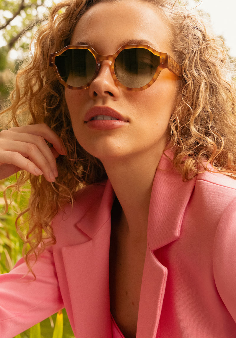 ASTOR | Fernet Handcrafted, luxury brown checkered acetate round geometric KREWE sunglasses womens model campaign | Model: Tanya