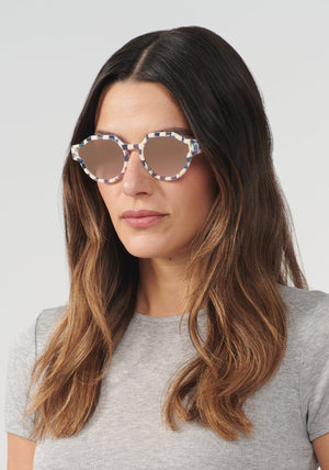 KREWE - ASTOR | Gingham Mirrored Handcrafted, luxury blue and white checkered sunglasses womens model | Model: Olga