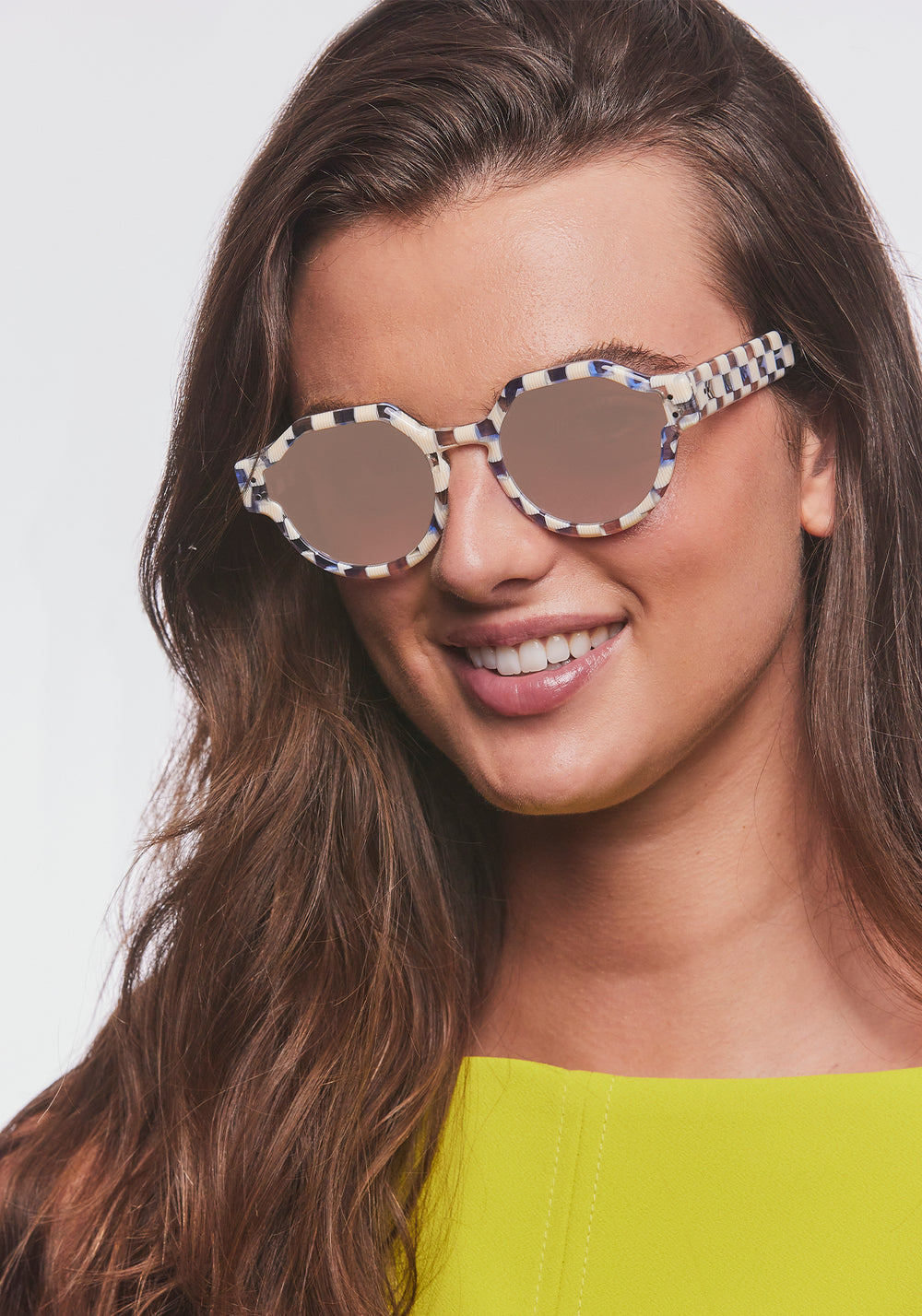 KREWE - ASTOR | Gingham Mirrored Handcrafted, luxury blue and white checkered sunglasses womens model | Model: Bentley
