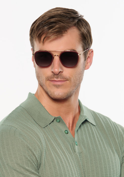 AUSTIN | 12K Titanium + Burgundy Leather Handcrafted, luxury burgundy leather and titanium aviator KREWE sunglasses mens model | Model: Dusty